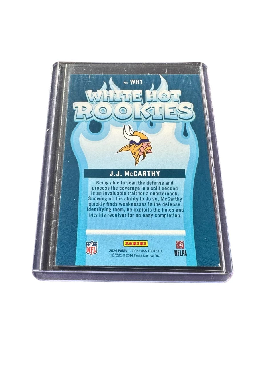 J.J. JJ Mccarthy RC Rookie Card White Hot Rookies Donruss No. WH1 Minnesota Vikings 24 - 25